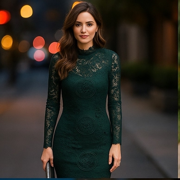 The Vintage Shop Dresses & Skirts - The Vintage Shop Dark Green Lace Long Sleeve Dress